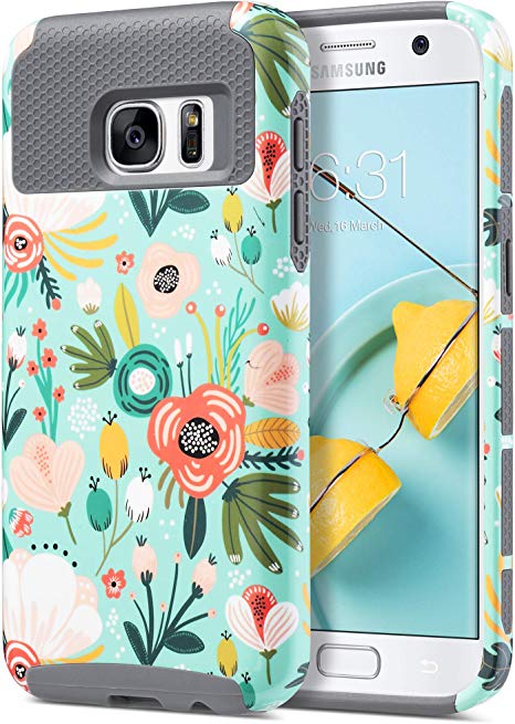 ULAK S7 Case, Galaxy S7 Case, Hybrid Case for Samsung Galaxy S7 2016 Release Dual Layer Style Hard Cover (Mint Floral) Will not Fit S7 Edge