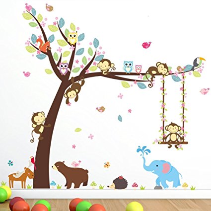 Animoeco Animal Wall Stickers Monkey Bear Owls Elephant Jungle Tree Decals Nursery Wall Murals DIY Vinyl Removable Wall Art Decals for Girls Kids Room Decoration
