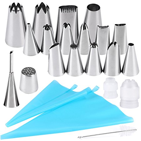 Cake Piping Nozzles, Seacue 22pcs Icing Piping Tips Set, Including 11 Small Piping Tips/ 4 Large Tips/ 1 grass Tip/ 1 Puffs Tip/ 2 Couplers/ 1 Clean Brush/ 2 Recyclable Piping Bags, Decorating Tools for Cakes Cupcakes Decorations