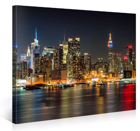 ILLUMINATED MANHATTAN NEW YORK - Premium canvas art print Wall-Deco - 100x75cm XXL Gallery Art - Canvas-Pictures stretched on wooden frames as modern Artwork