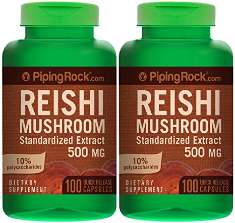 Piping Rock Reishi Mushroom Standardized Extract 500 mg 2 Bottles x 100 Quick Release Capsules 10% Polysaccharides Dietary Supplement