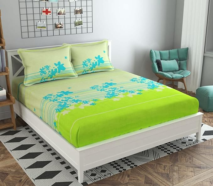 Dahlia Elastic Fitted Glace Cotton California King Size (84x72x Upto 8 Inches) Bedsheet with 2 Pillow Covers-200TC (Line Patti, Green Color)