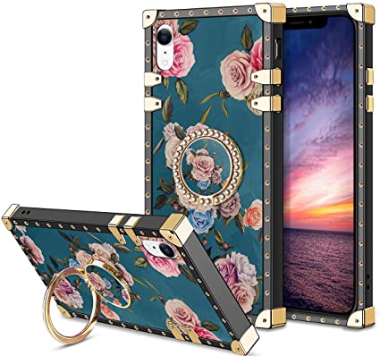 HoneyAKE Case for iPhone XR Case with 360 Degree Rotation Ring Stand Holder Floral Flower Elegant Soft TPU Reinforced Corner Shock-Absorbing Protective for iPhone XR Peony