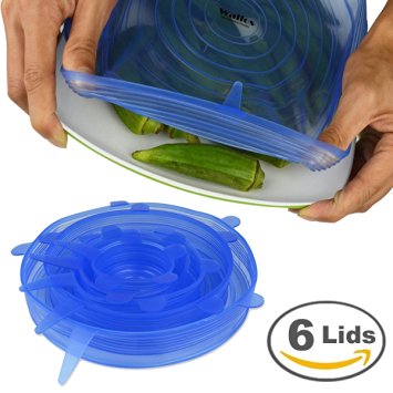 Silicone Stretch Lids Cover (Multi Size 6 pack) - Reusable Food Seal Wrap For Various Sizes Shapes of Bowls