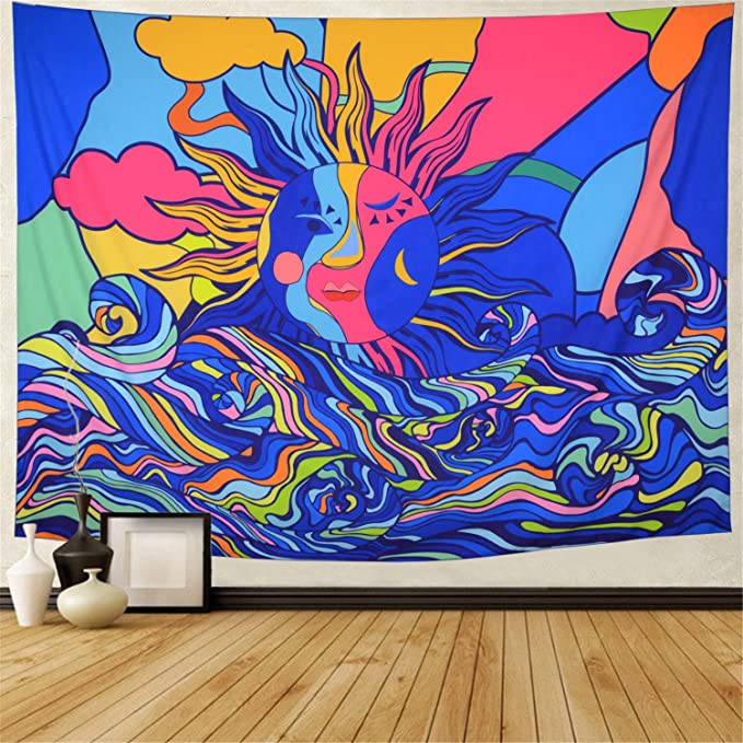 Sun and Wave Tapestry Psychedelic Sun Tapestry Colorful Trippy Wave Tapestries Abstract Hippie Tapestry Wall Hanging for Living room W59.1 × H51.2 Inch