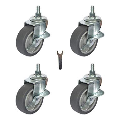 Mysit 3 Inch Caster Wheels Heavy Duty Metric Threaded Stem Casters Set of 4, Swivel Rubber Casters Replacement with brake, Grill Cart Wheels for Furniture Trolley Dolly Table Workbench (M12 x 1" Stem)