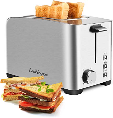 2 Slice Toaster, LauKingdom Toasters Best Rated Prime Extra Wide Slot Bagel Toaster, 6 Browning Settings, 3 Functions- Bagel, Defrost, Stop, Cord Storage, Stainless Steel, Silver