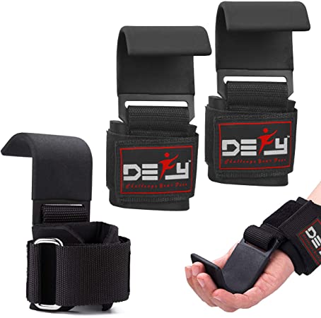 DEFY Challenge Your Fear Weight Lifting Hooks Heavy Duty Lifting Wrist Straps for Pull-ups Thick Padded Neoprene, Double Stitching, Non-Slip Resistant Coating