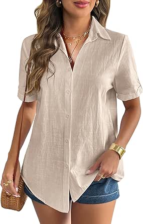 Zeagoo Women Linen Button Down Shirt Rolled Cuffed Short Sleeve Blouse Ladies Summer Casual V Neck Beach Cotton Tops