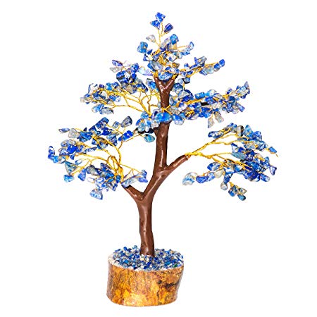 Crocon Natural Healing Gemstone Crystal Bonsai Fortune Money Tree for Good Luck, Wealth & Prosperity Spiritual Gift Size 10-12 Inch (Lapis Lazuli (Golden Wire))