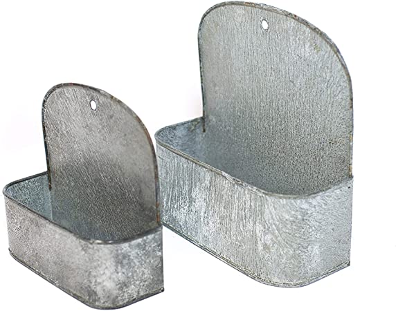 GRILA Hanging Rustic Wall Planter Set - SMALL Grey Galvanized Metal Vintage French Style Oval Bucket Set of 2 Farmhouse Kitchen Entry planters, stationary, Flowers Herbs Strawberries or Organizational