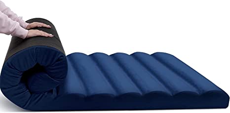 MeMoreCool Roll Up Floor Mattress, Foldable Camping Mattress, Memory Foam Sleeping Pad, Portable Floor Lounger Guest Soft Sleeping Mat for Travel, Sleep, Car Tent, 10cm Thick (Double, Navy Blue)