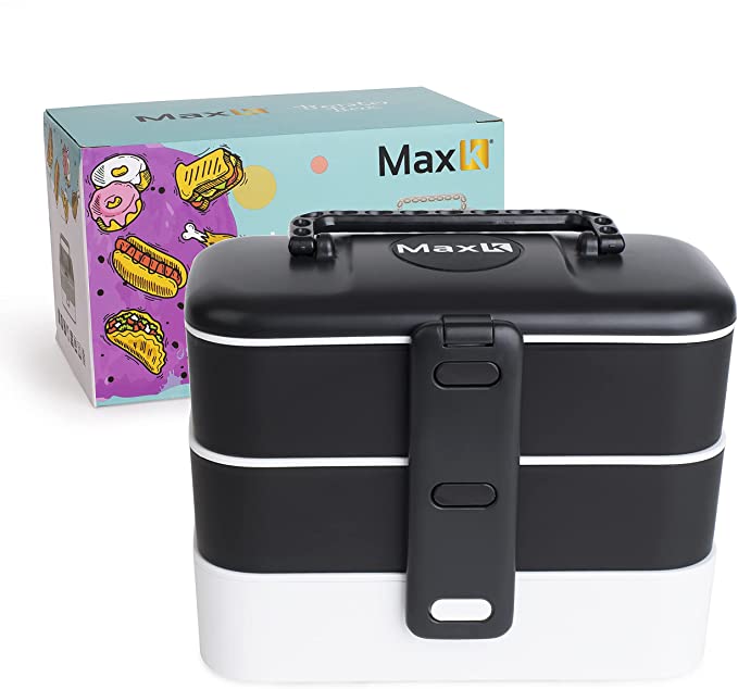 Max K Bento Box with Stainless Steel Cutlery and Carrying Handles, Lunchbox for Adults, Kids and Children, Hot or Cold Food Storage, 3 Trays, Black
