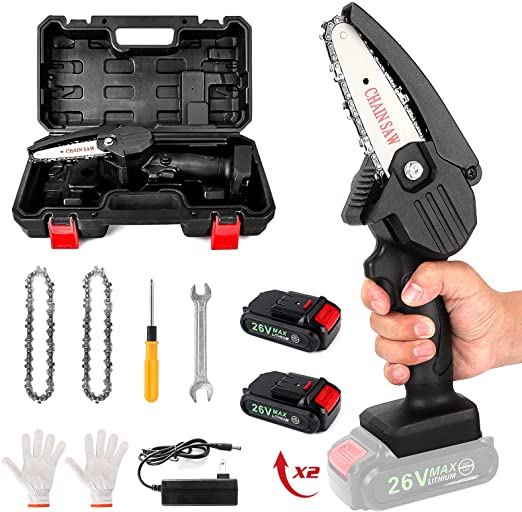 Mini Chainsaw Cordless Battery Power-Chain-Saws - 4 Inch Electric Battery Powered Chainsaw Small Portable One-Hand Handheld, 26V Rechargeable Operated for Tree Trimming, Branch and Wood Cutting(Black)