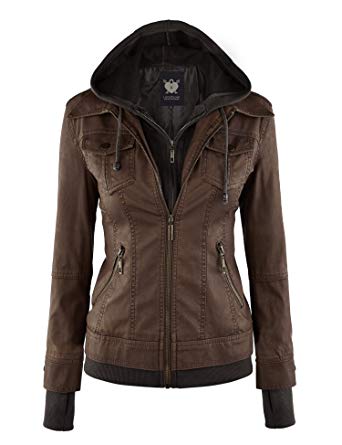 Lock and Love LL Womens Hooded Faux leather Jacket