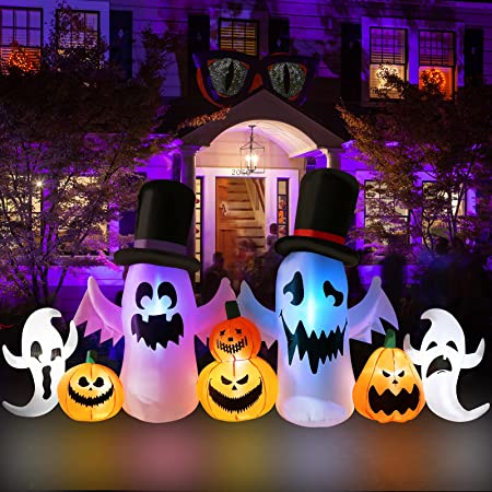 PETUOL Halloween Inflatable Ghosts, 9FT Long Lighted Decoration White Ghosts with Pumpkins for Halloween, Thanksgiving Day, Blow Up LED Party Indoor, Outdoor Yard, Garden, Lawn Decor