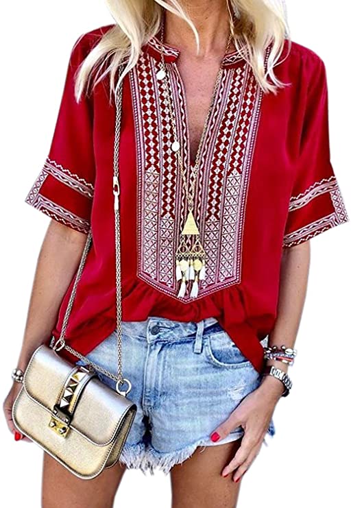 FARYSAYS Women's Summer Boho Embroidered V Neck Short Sleeve Casual T-Shirt Tops Loose Blouse