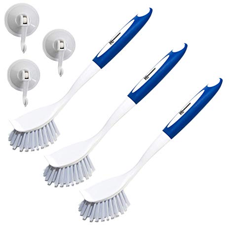 Spogears Dish Brush - With Bonus Suction Hooks - Dish Scrubber Brush With Built-in Scraper - Set of 3 Kitchen Brushes for Dishes - Kitchen Scrub Brush with Grip Friendly Handle - Dish Cleaning Brush