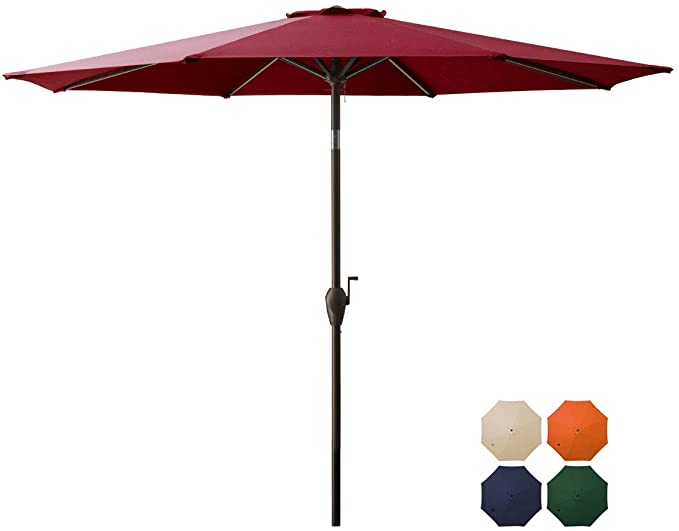 DOMICARE 9 ft Patio Umbrella,Table Umbrella Outdoor Market Umbrella with 8 Ribs, Easy Push Button Tilt and Crank - Red