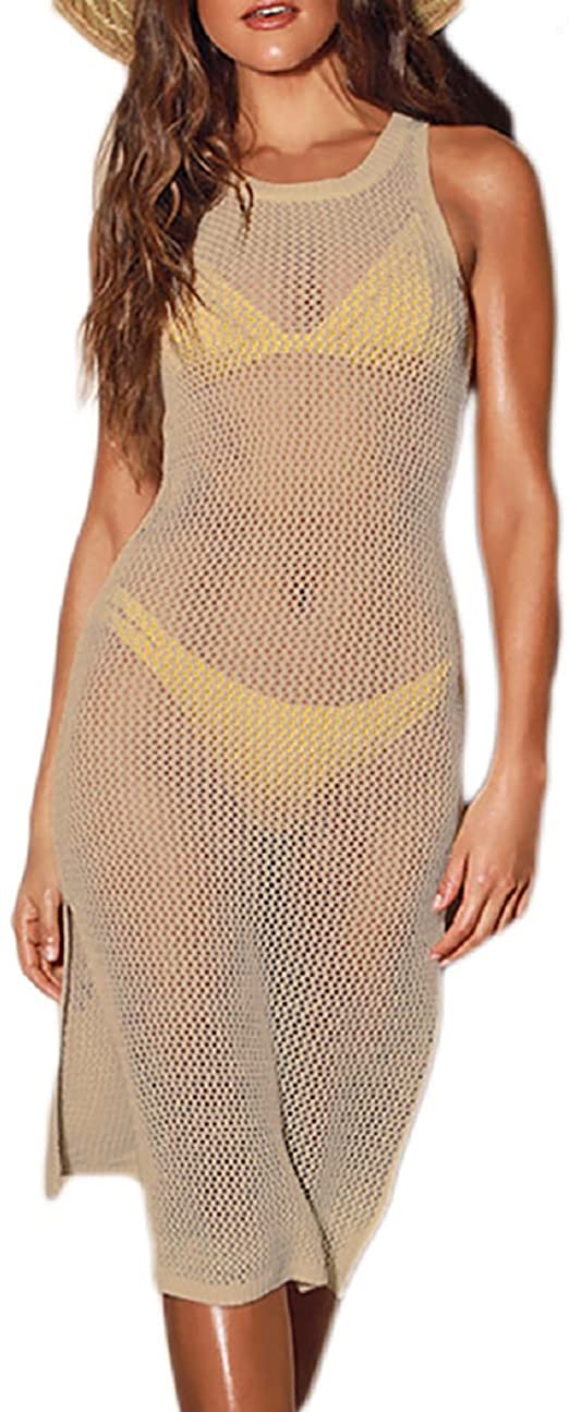 Bsubseach Women Lace Up V Neck Long Sleeve Crochet Swimsuit Cover Up Dress