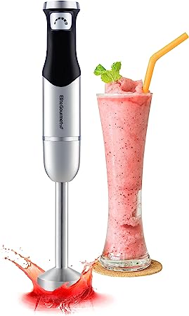 Elite Gourmet EHB1062 Variable Step-less Speed Immersion Hand Blender 500 Watts with Turbo, Stainless Steel Blades, Pressure Controlled Stick Mixer, Sauces, Soup, Smoothies, Baby Food, Stainless Steel