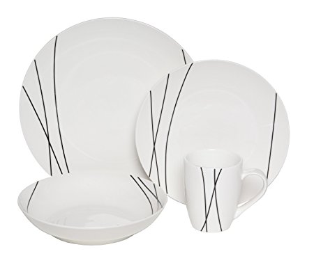 Melange Coupe 32-Piece Porcelain Dinnerware Set (Lines) | Service for 8 | Microwave, Dishwasher & Oven Safe | Dinner Plate, Salad Plate, Soup Bowl & Mug (8 Each)