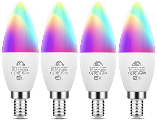 MoKo Smart LED Light Bulb, 5W E12 Candelabra Base, RGB Warm White Dimmable Candle Bulb, Work with Alexa Echo/Google Home/SmartThings, Voice/APP Control, No Hub,Only Supports 2.4GHz Network，4 Pack