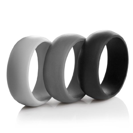 Mens Silicone Wedding Ring Bands - 3 Ring Pack - Black Dark Grey Light Grey