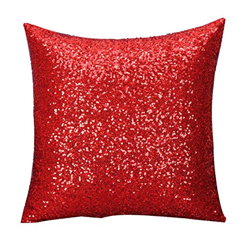 Perman Solid Color Glitter Sequins Throw Pillow Case Sofa Home Decor Cushion Covers 16*16" (Red)