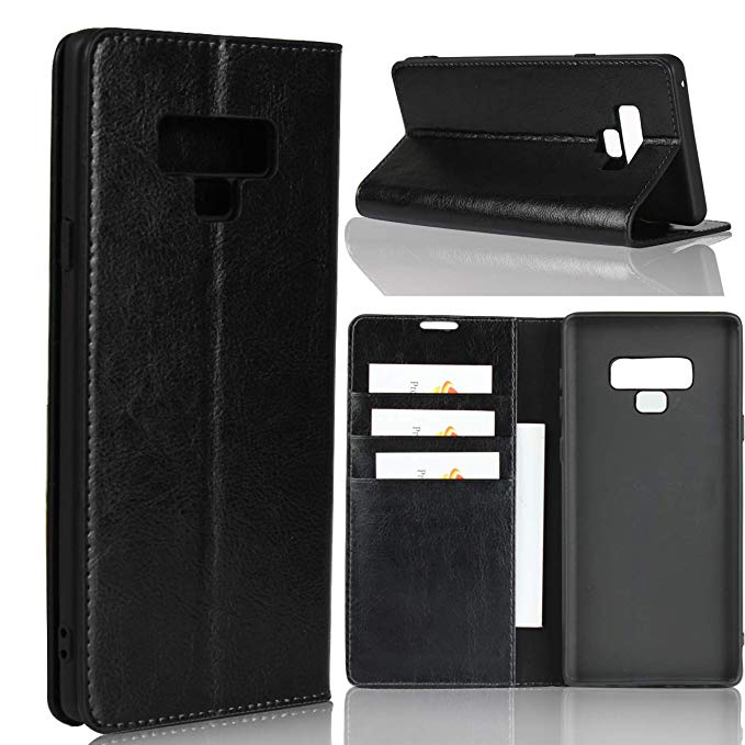iCoverCase Compatible with Samsung Galaxy Note 9 Case,Genuine Leather Wallet Case [Slim Fit] Folio Book Design with Stand and Card Slots Flip Case(Black)