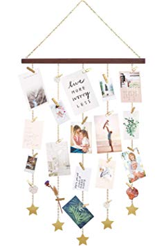 Mkono Hanging Photo Display Stars Metal Chain Wall Hanging Picture Holders with 25 Wood Clips Wall Decoration for Home Office Nursery Room Dorm Christmas Card Display, Gold