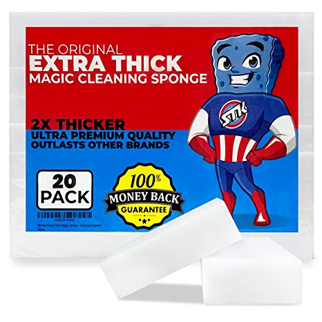 STK 20 Pack Extra Thick Magic Cleaning Sponges - Eraser Sponge For All Surfaces - Kitchen-Bathroom-Furniture-Leather-Car-Steel - Just Add Water to Erase All Dirt - Melamine - Universal Cleaner