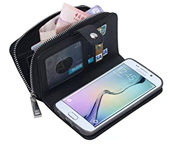 Dreams Mall 2879124 2 in 1 Premium PU Leather Wallet Protection Purse Case for Samsung Galaxy S6 Edge with Stand Flip Cover and Strap - Black