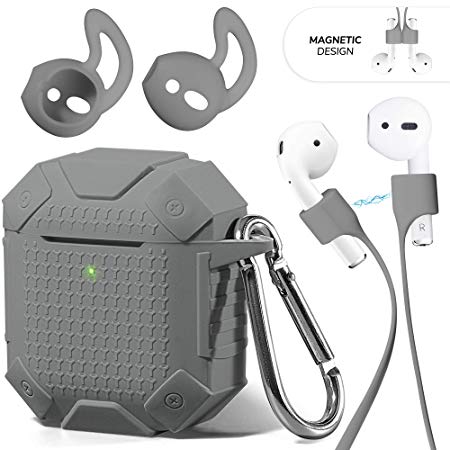 AirPods Case Accessories Kit [Front LED Visible], GMYLE Silicone Heavy Duty Armor Protective Shockproof Airpod Cover Skin with Keychain, Ear Hook, Magnetic Strap Set for Apple AirPod 1 & 2 – Grey