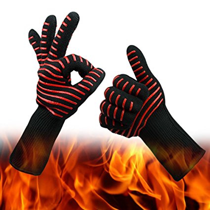 CoolingTech BBQ Gloves Grilling Cooking Gloves 932°F Extreme Cut & Heat Resistant Gloves Kevlar Oven Gloves Mitts 14" Long For Extra Forearm Protection 1 Pair