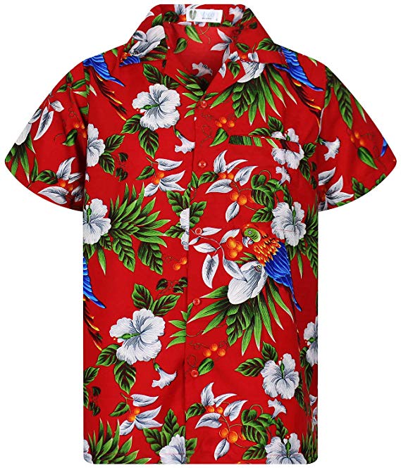 Funky Hawaiian Shirt Men Shortsleeve Frontpocket Hawaiian-Print Cherry Parrots Party Flowers