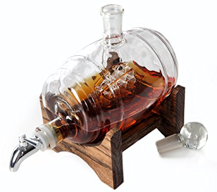 Bourbon Barrel Decanter or Whiskey Dispenser - 1000ml Glass Decanter for Liquor, Vodka, Scotch, Mouthwash, Tequila, Wine (Tomoka Gold by Prestige Decanters)