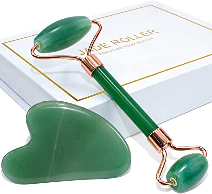 BAIMEI Jade Roller & Gua Sha Set - Face Roller Massage Tool, Green Aventurine Applicator for Face, Neck and Body Muscle - Relaxing and Stimulating Blood Flow, Relieve Fine Lines & Wrinkles