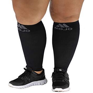 4XL Mojo Graduated Compression Extra Wide Plus Size Calf Compression Sleeves for Women and Men - Footless, XXXX-L, Black - 20-30mHg) 1 Pair