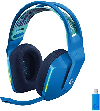 Logitech G733 Lightspeed Wireless Gaming Headset with Suspension Headband, LIGHTSYNC RGB, Blue VO!CE mic Technology and PRO-G Audio Drivers - Blue