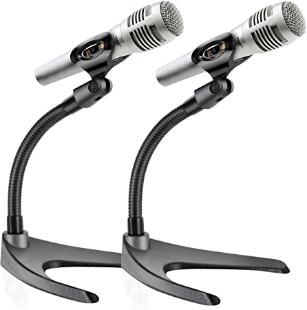 Universal Adjustable Desktop Microphone Stand - Tabletop Mic Holder Low Profile Mic Stand w/Flexible 8.2'' Gooseneck Mount & U Shape Base - Table Tops, Desk, Podium, Counter Use - Pyle PMKS8X2 (Pair)