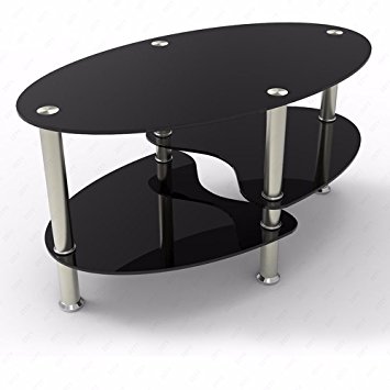 SUNCOO Glass Oval Side Coffee Table Shelf Chrome Base Living Room Furniture Black