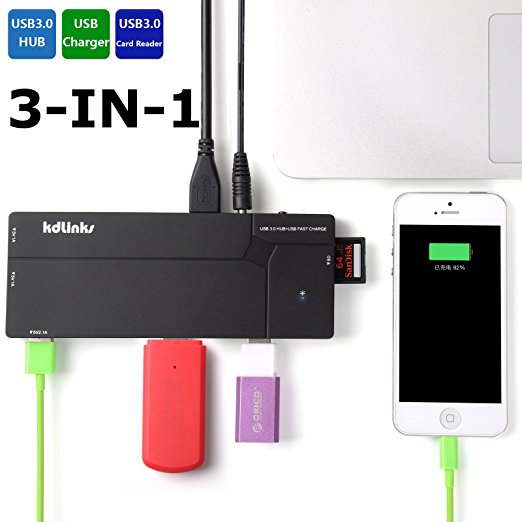 KDLINKS® Ultra Slim 10 Ports USB 3.0 All In One Hub Station: 6 Ports USB 3.0 Hub, 3 USB Charger, 1 SD Card Reader - Latest VL812-B2 Chipset & 9091 Firmware (Backward Compatible with USB 2.0/1.1)