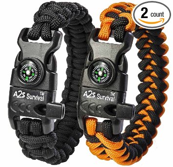 A2S Paracord Bracelet K2-Peak Series - High Quality Survival Gear Kit with Embedded Compass, Fire Starter, Emergency Knife & Whistle - Pack of 2 - Quick Release Slim Buckle Design Hiking Gear