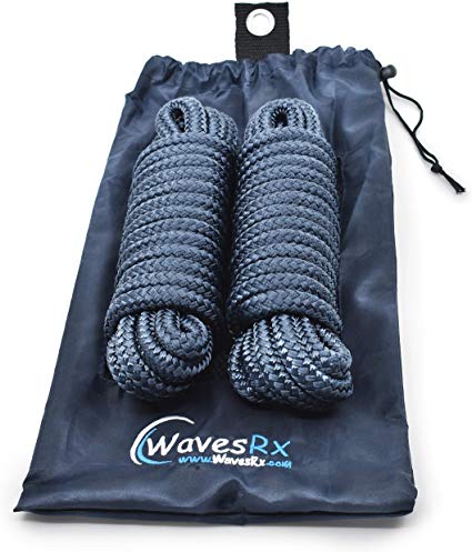 WavesRx Premium Boat Dock Line ⅜” x 15’ | Double Braided Nylon Marine Mooring Rope | Low Stretch and High Shock Absorption, Large 12” Spliced Eyelet   Storage Bag | Select Quantity Below (2PK or 4PK)