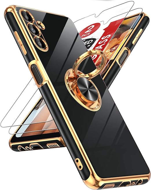 LeYi for Samsung Galaxy A13-5G Phone Case: Tempered Glass Screen Protector, 360° Rotatable Ring Holder Magnetic Kickstand, Plating Rose Gold Edge Protective Case, Black