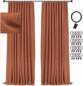 INOVADAY Linen 100% Blackout Curtains 96 Inch Length 2 Panels Set Textured Thermal Insulated Curtain Drapes for Bedroom Living Room - W50 x L96, Burnt Orange