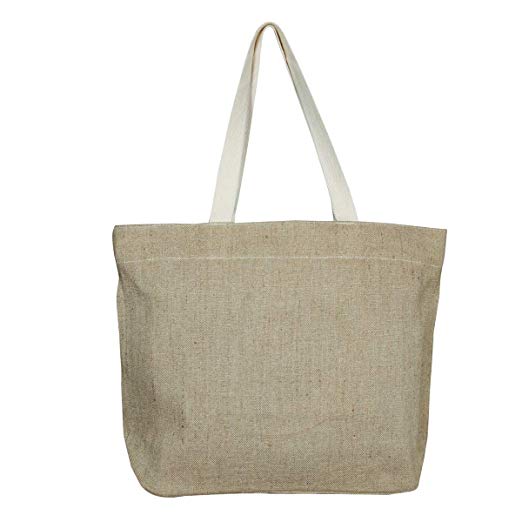 EcoRight Jute Canvas Tote Bag with zipper - Reusable 100% EcoFriendly Large Size (Natural) - 0501