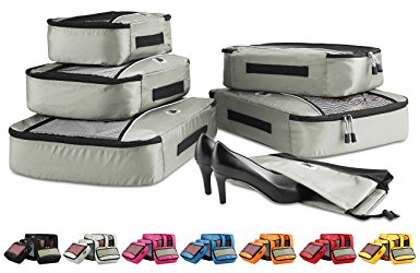 6 Piece Packing Cube Set - Variety of Sizes Luggage Organizer Bags for Travel, Nylon Mesh with Zipper - Includes Shoe Bag - by NDX Global