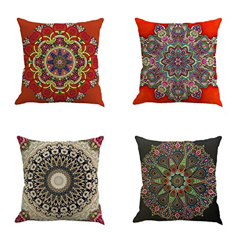 Set of 4 Retro Floral Mandala Compass Medallion Bohemian Boho Style Summer Decor Cushion Case Decorative for Sofa Couch 18" x 18" Inch Cotton Line (Bohemian Ethnic Style)